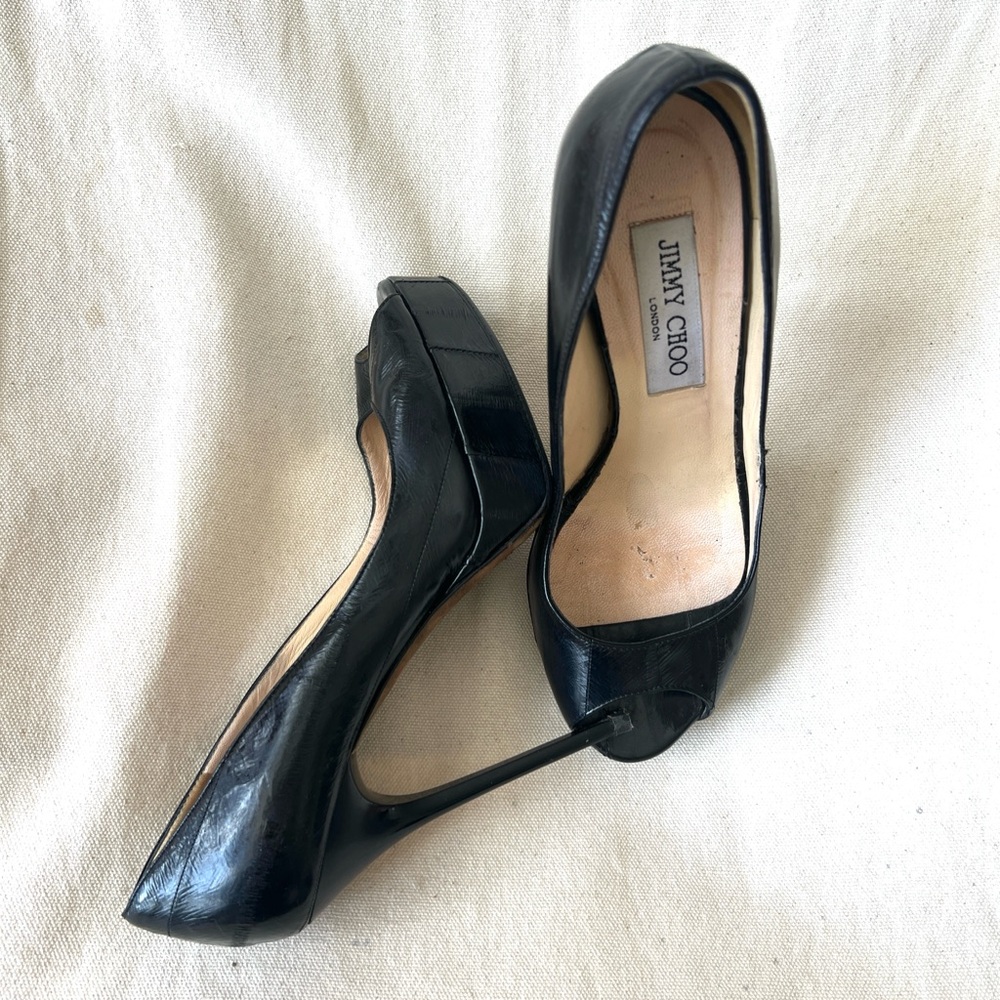 Jimmy Choo Black Leather Peep Toe Pumps